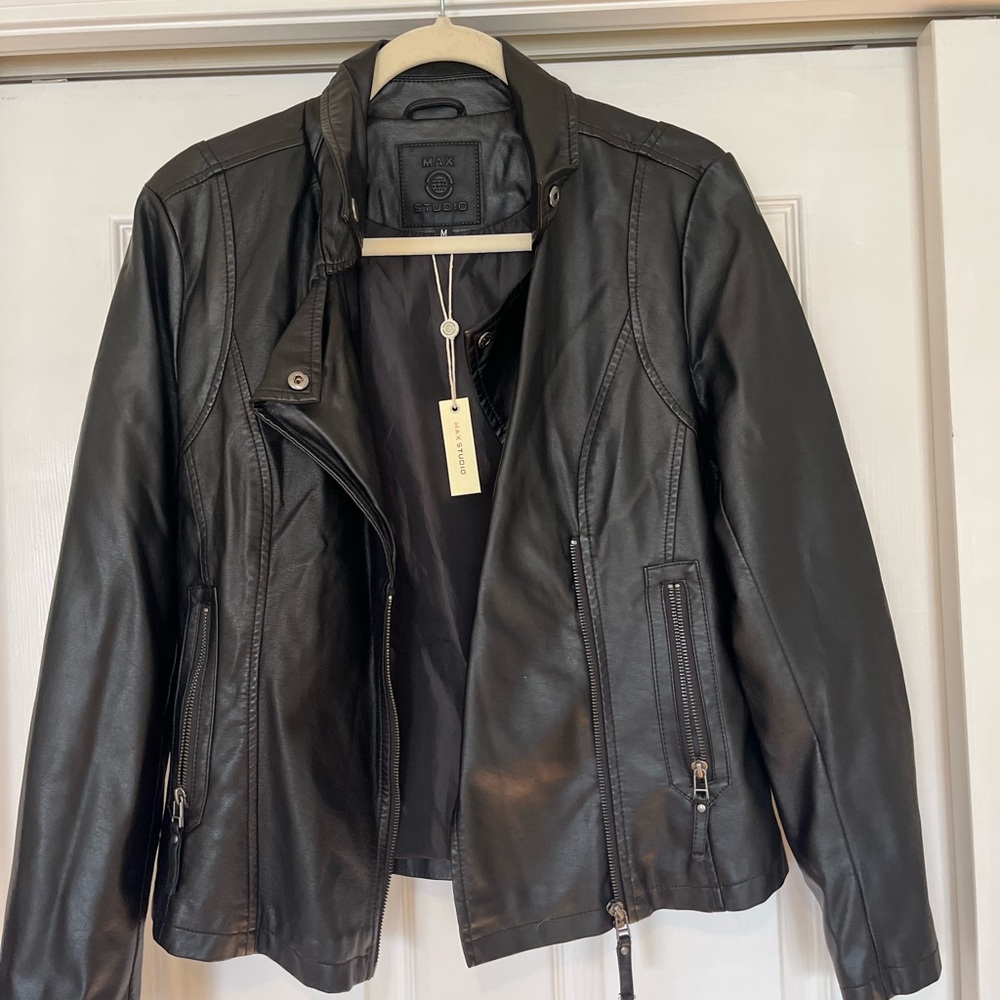 Max Studio Faux Black Leather Jacket - Picture 2 of 7